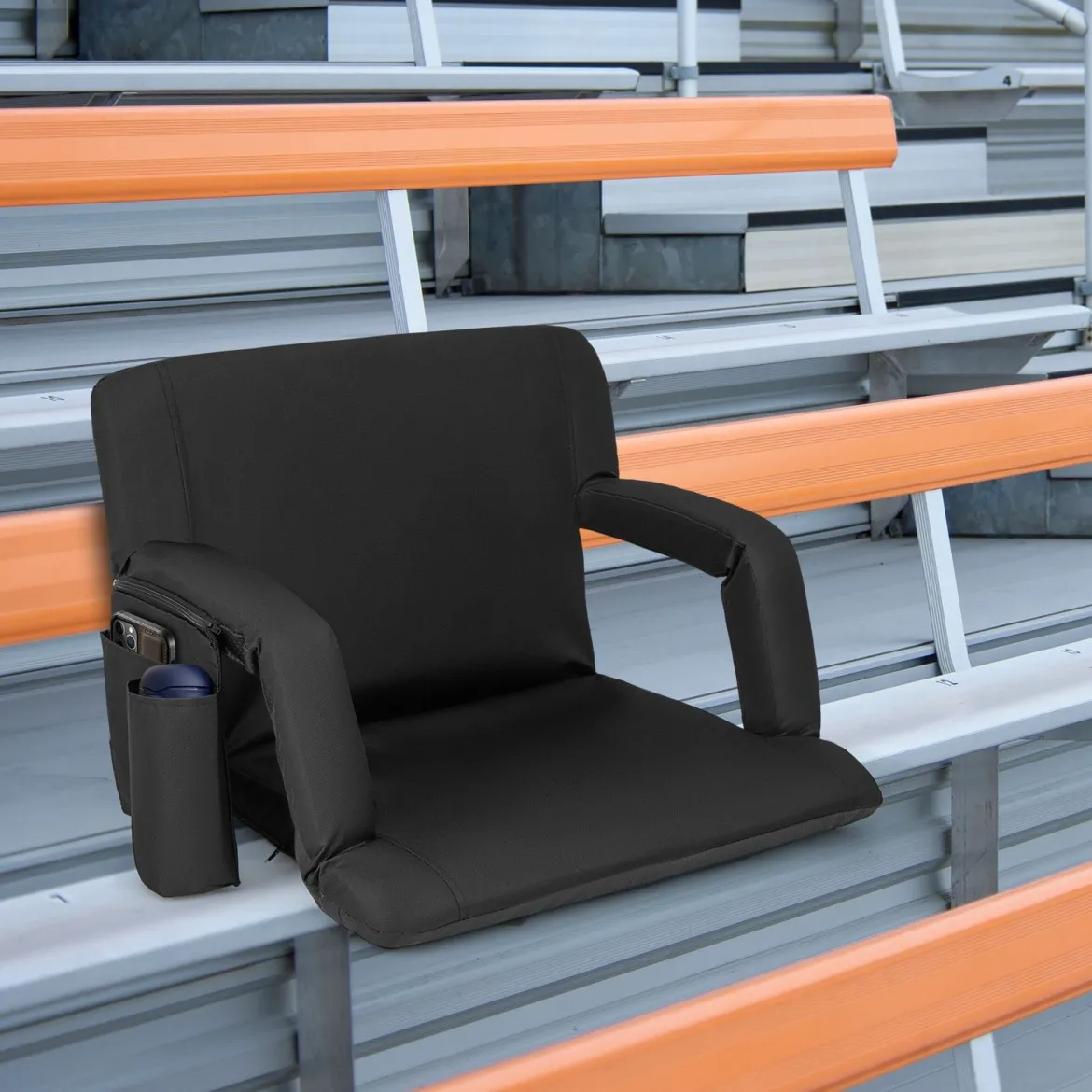 Faltbarer Stadionsitz Gepolsterter Stadionstuhl mit 6-fach Verstellbare Rückenlehne Schwarz