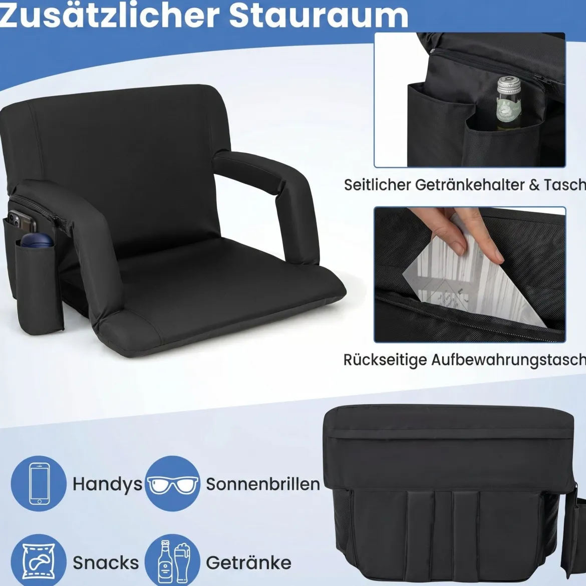 Faltbarer Stadionsitz Gepolsterter Stadionstuhl mit 6-fach Verstellbare Rückenlehne Schwarz