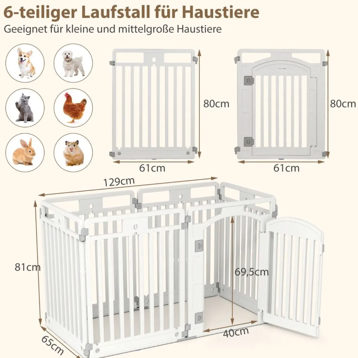 Faltbarer Welpenlaufstall mit 6 Paneelen & Abschließbarer Tür & & Bodennägeln Weiß