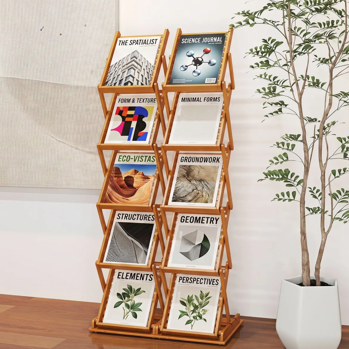 Faltbarer Zeitschriftenständer mit 5 Ablagefächern aus Bambus 40 x 35 x 146 cm Walnuss
