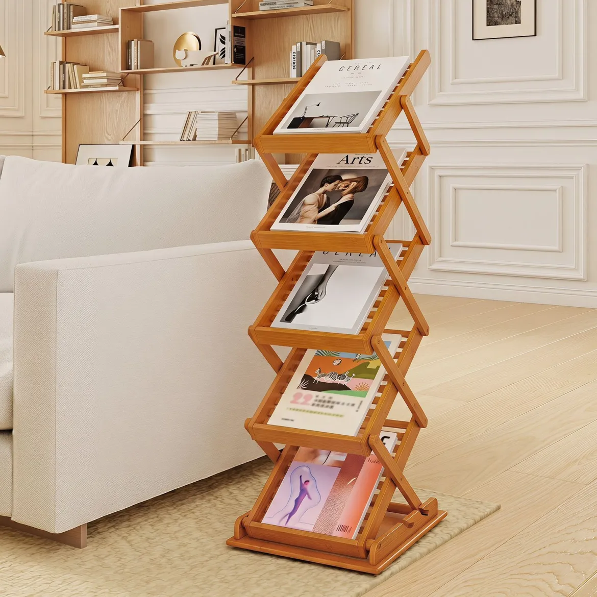 Faltbarer Zeitschriftenständer mit 5 Ablagefächern aus Bambus 40 x 35 x 146 cm Walnuss