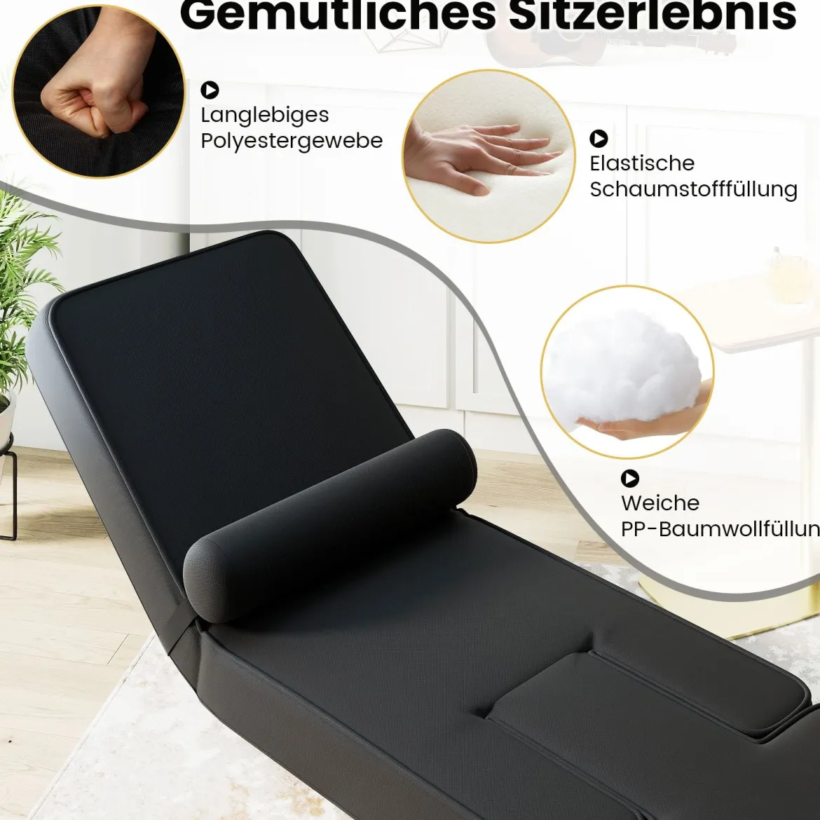 Faltbares Faulsofa Gaming-Bodensessel mit 5-fach verstellbarer Rückenlehne Fußablage & Tischplatte Schwarz