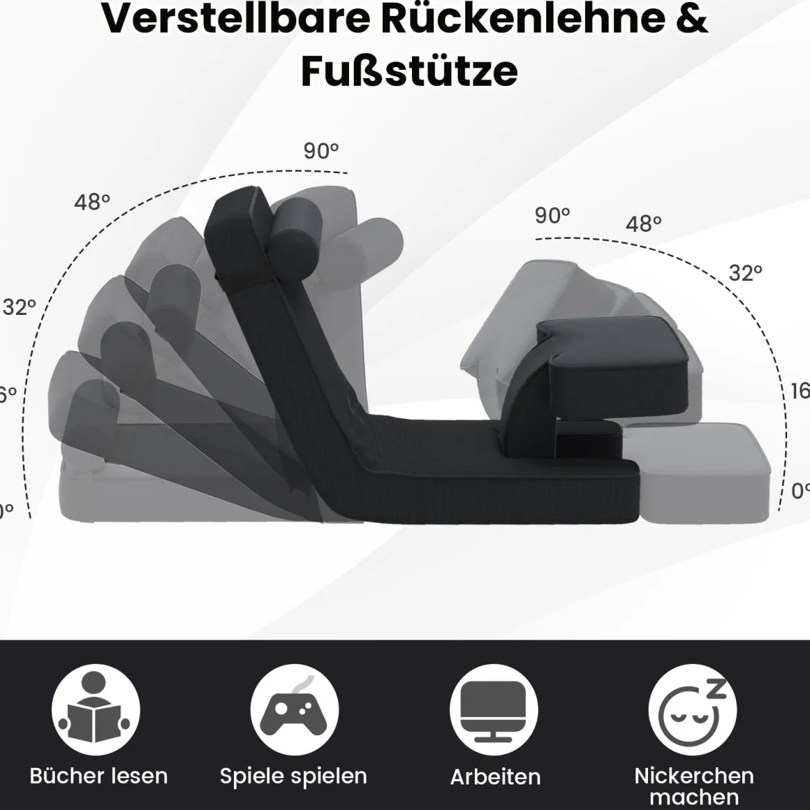 Faltbares Faulsofa Gaming-Bodensessel mit 5-fach verstellbarer Rückenlehne Fußablage & Tischplatte Schwarz