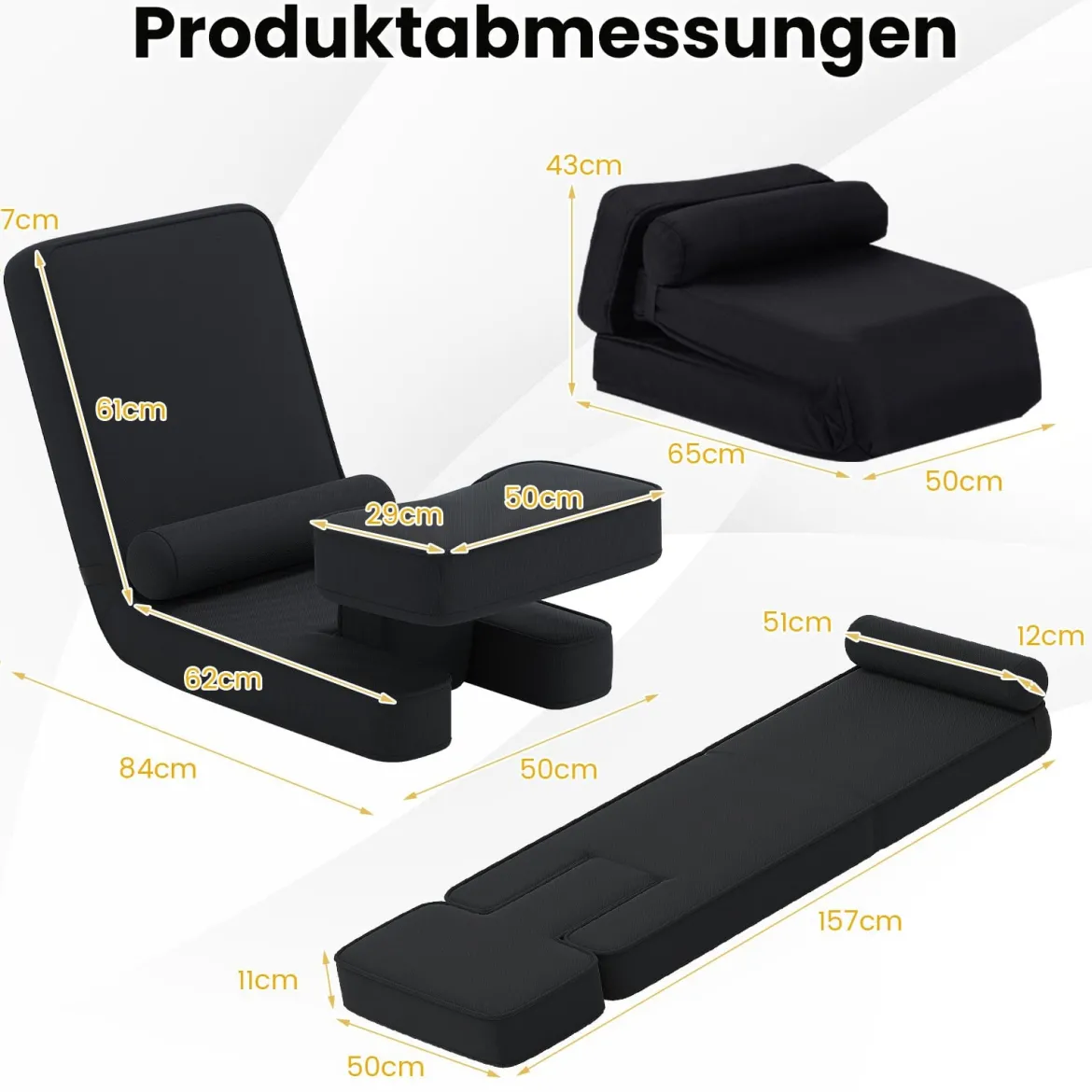 Faltbares Faulsofa Gaming-Bodensessel mit 5-fach verstellbarer Rückenlehne Fußablage & Tischplatte Schwarz