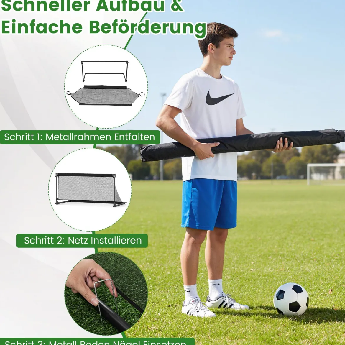 Faltbares Fußballtor 120x57x60cm Metallrahmen PE Netz Erdspieße für Outdoor Training Schwarz