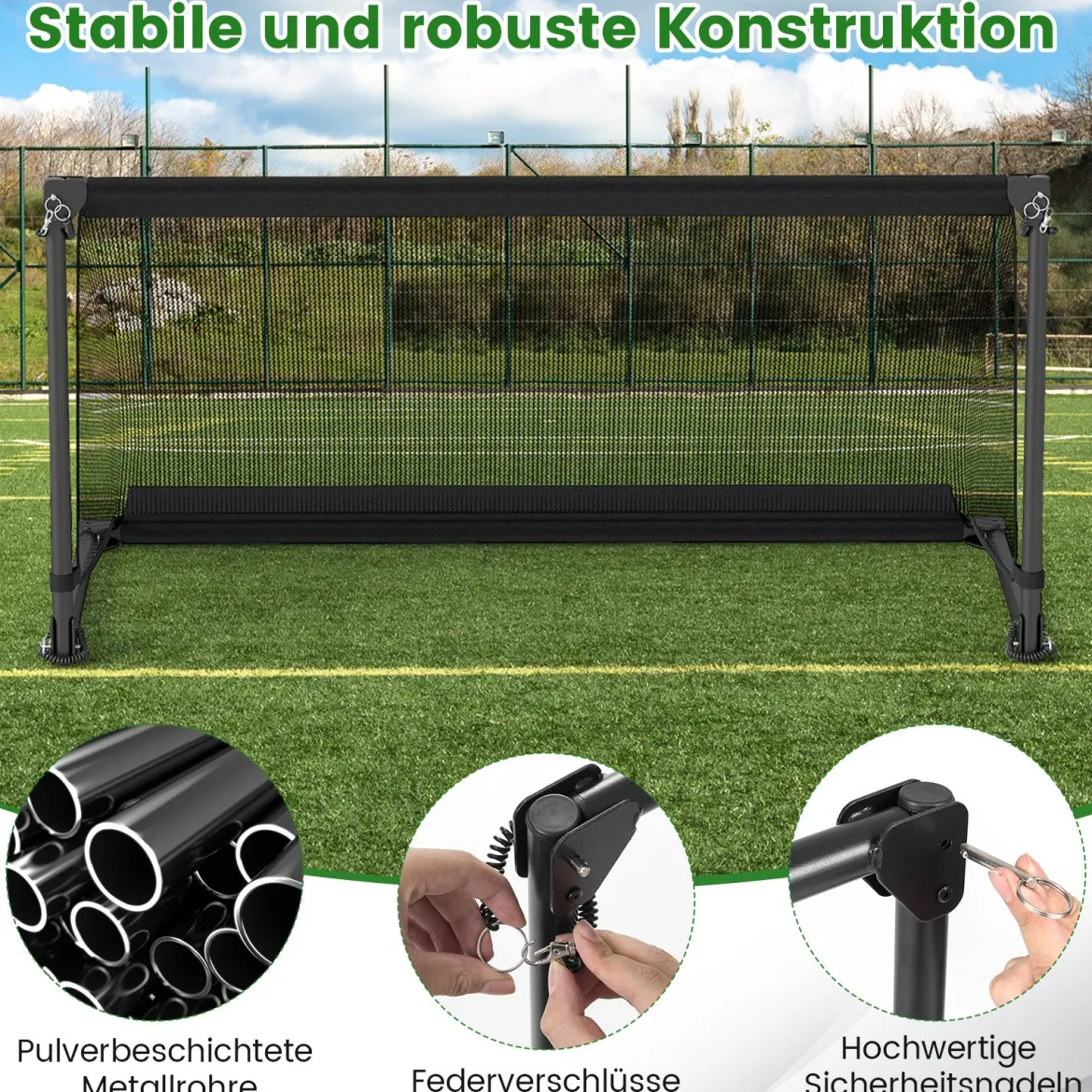 Faltbares Fußballtor 120x57x60cm Metallrahmen PE Netz Erdspieße für Outdoor Training Schwarz