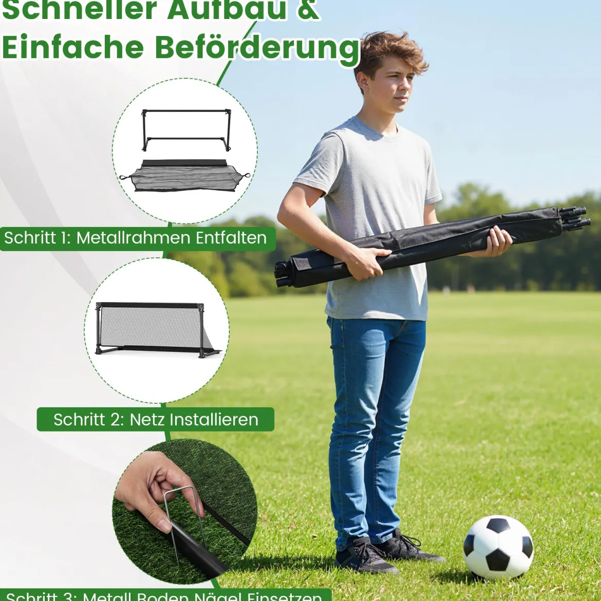 Faltbares Fußballtor 100x50x47cm Metallrahmen Pe Netz Erdspieße Für Outdoor Training Schwarz