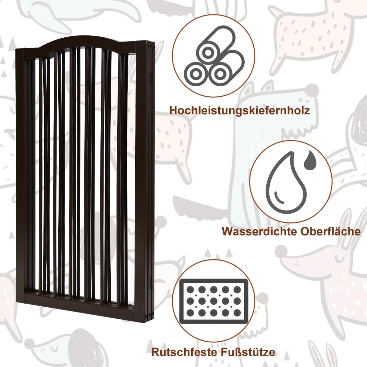 Faltbares Haustiertor aus Holz freistehende 3-Paneele-Barriere mit gewölbter Oberseite für Hunde Katzen braun