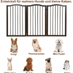 Faltbares Haustiertor aus Holz freistehende 3-Paneele-Barriere mit gewölbter Oberseite für Hunde Katzen braun