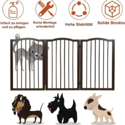 Faltbares Haustiertor aus Holz freistehende 3-Paneele-Barriere mit gewölbter Oberseite für Hunde Katzen braun