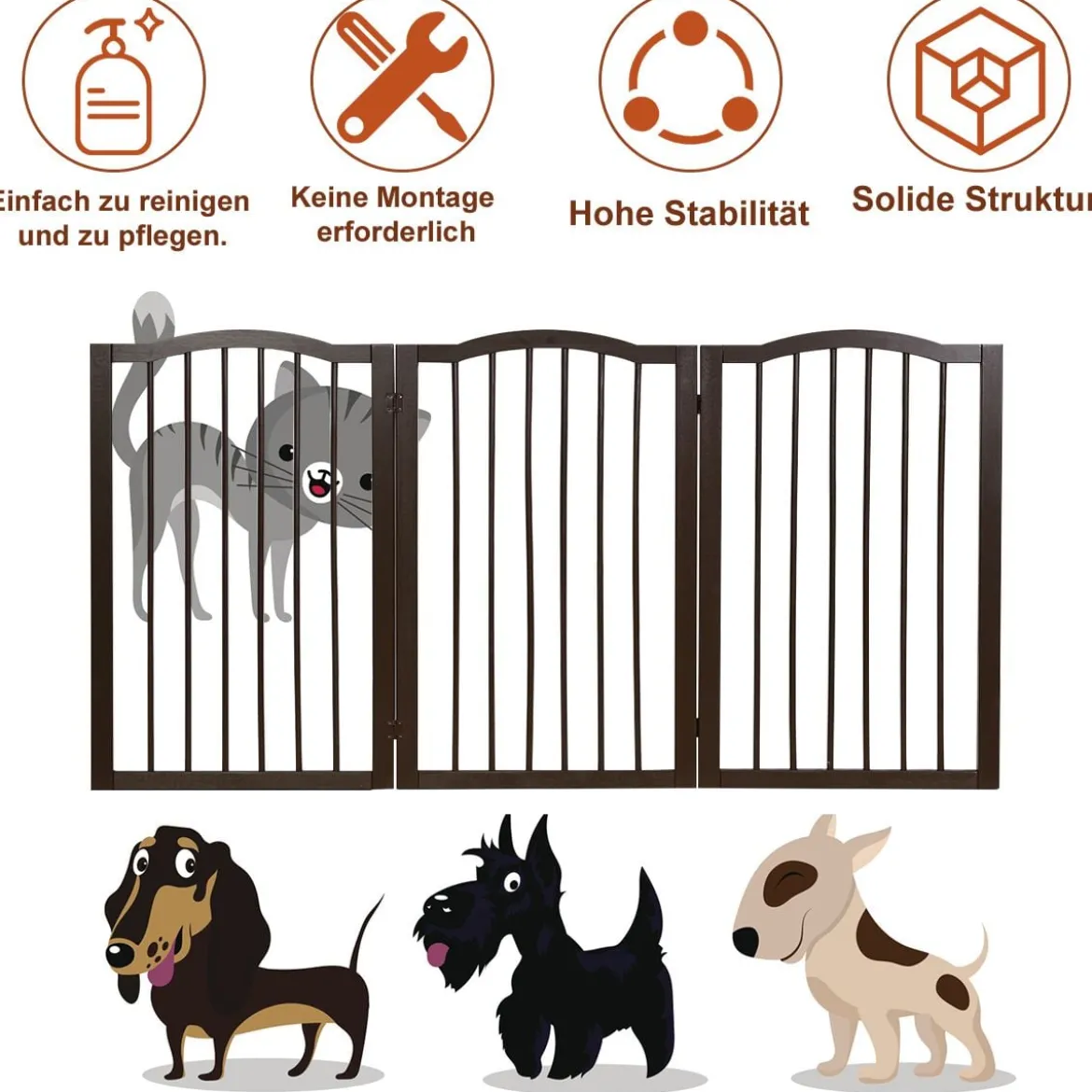 Faltbares Haustiertor aus Holz freistehende 3-Paneele-Barriere mit gewölbter Oberseite für Hunde Katzen braun