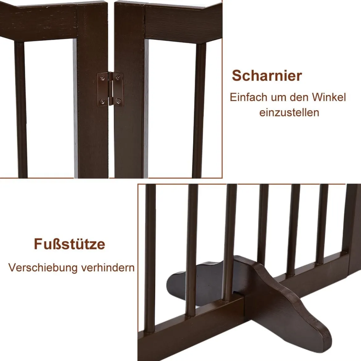 Faltbares Haustiertor aus Holz freistehende 4-Paneele-Barriere mit gewölbter Oberseite für Hunde Katzen braun