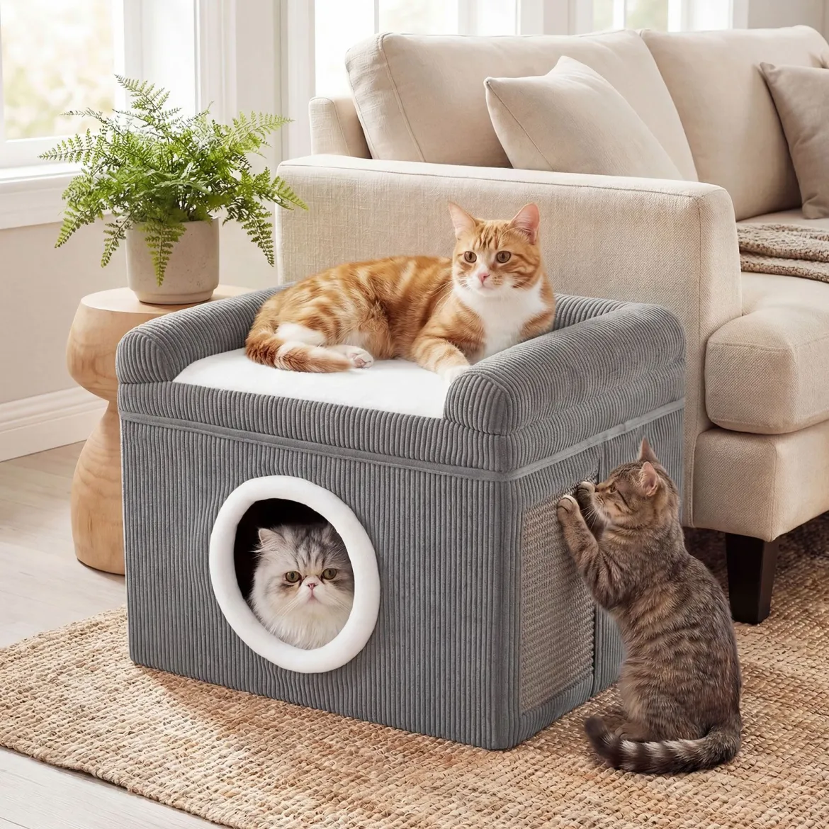 Faltbares Katzenhaus mit Sisal-Kratzmatte & Weiches Kissen & Erhöhten Kanten Katzenbett Grau