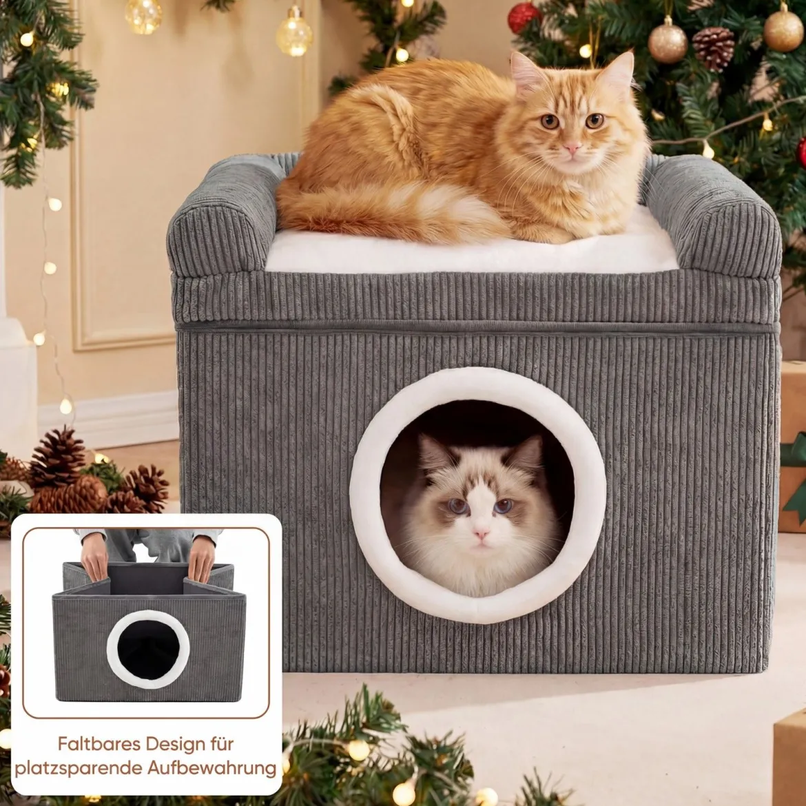 Faltbares Katzenhaus mit Sisal-Kratzmatte & Weiches Kissen & Erhöhten Kanten Katzenbett Grau