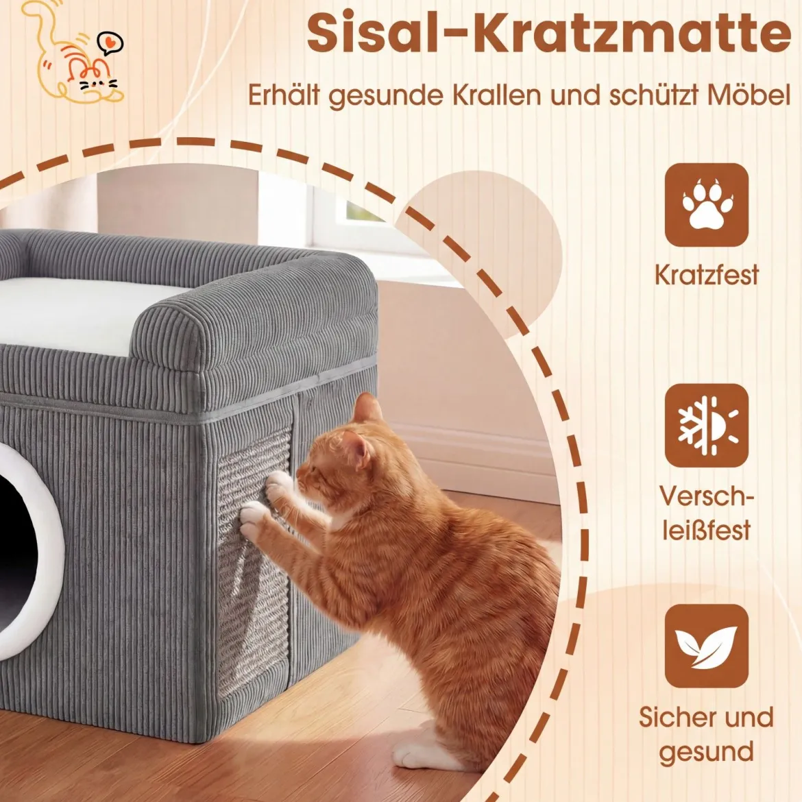 Faltbares Katzenhaus mit Sisal-Kratzmatte & Weiches Kissen & Erhöhten Kanten Katzenbett Grau