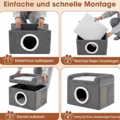 Faltbares Katzenhaus mit Sisal-Kratzmatte & Weiches Kissen & Erhöhten Kanten Katzenbett Grau