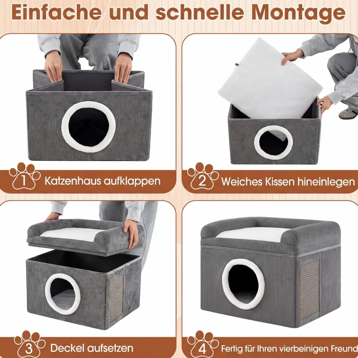 Faltbares Katzenhaus mit Sisal-Kratzmatte & Weiches Kissen & Erhöhten Kanten Katzenbett Grau