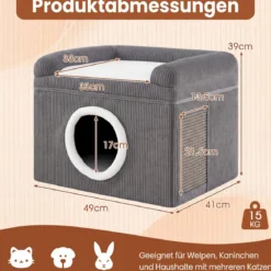 Faltbares Katzenhaus mit Sisal-Kratzmatte & Weiches Kissen & Erhöhten Kanten Katzenbett Grau