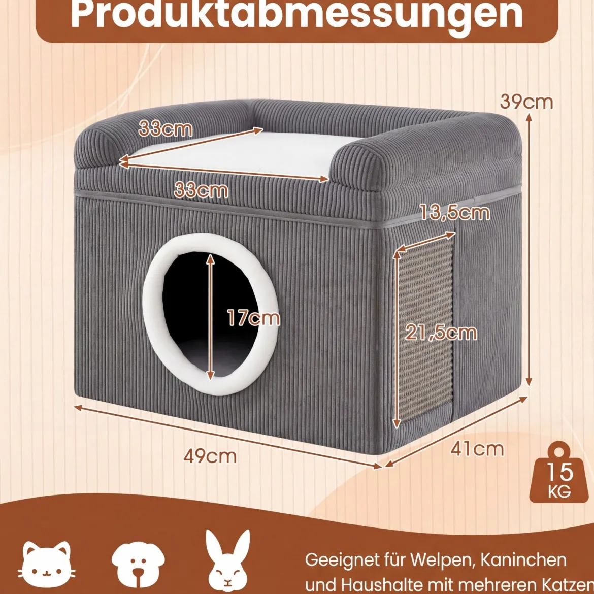 Faltbares Katzenhaus mit Sisal-Kratzmatte & Weiches Kissen & Erhöhten Kanten Katzenbett Grau