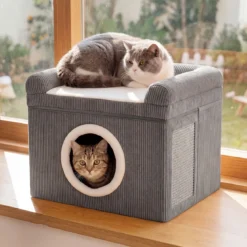 Faltbares Katzenhaus mit Sisal-Kratzmatte & Weiches Kissen & Erhöhten Kanten Katzenbett Grau