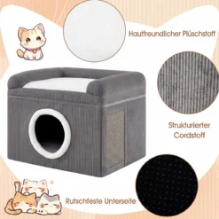 Faltbares Katzenhaus mit Sisal-Kratzmatte & Weiches Kissen & Erhöhten Kanten Katzenbett Grau