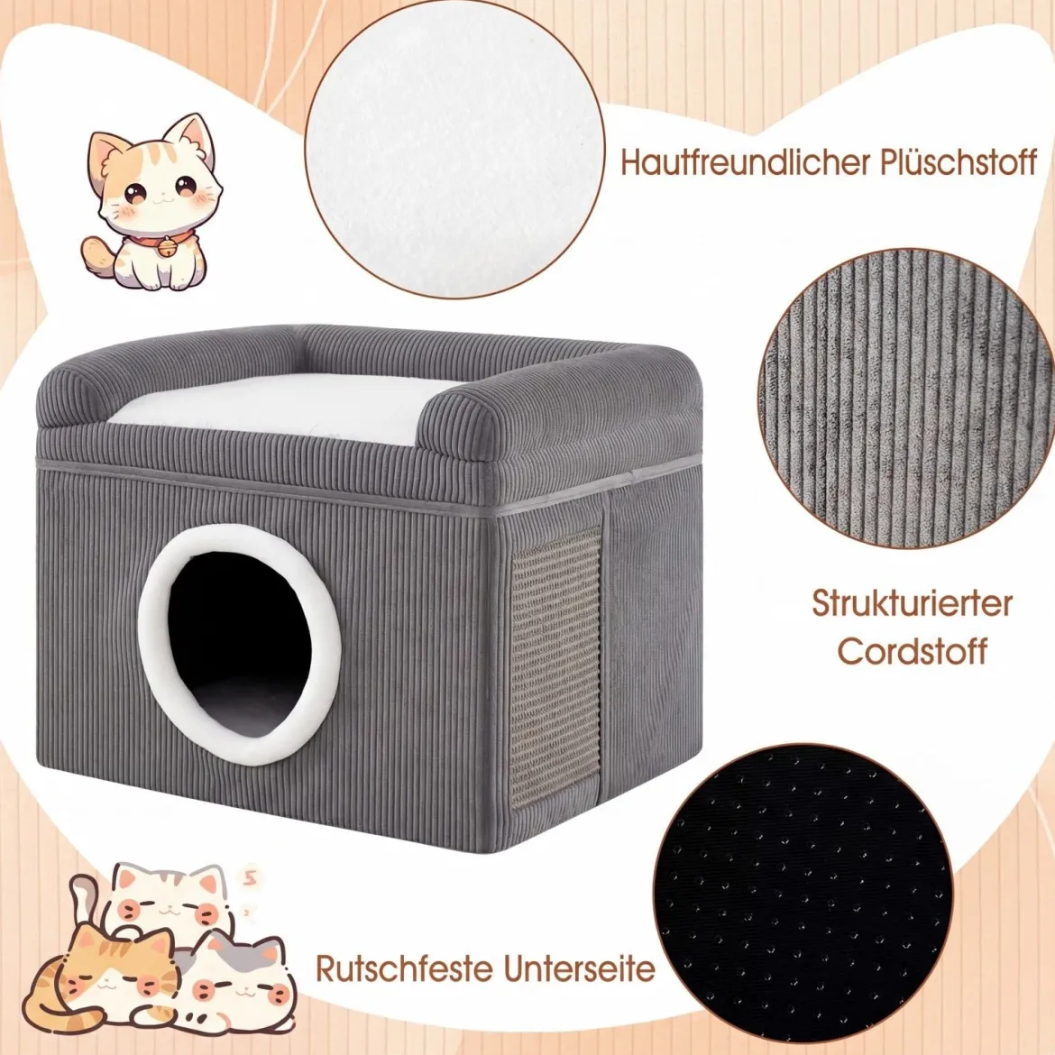 Faltbares Katzenhaus mit Sisal-Kratzmatte & Weiches Kissen & Erhöhten Kanten Katzenbett Grau