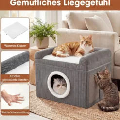 Faltbares Katzenhaus mit Sisal-Kratzmatte & Weiches Kissen & Erhöhten Kanten Katzenbett Grau
