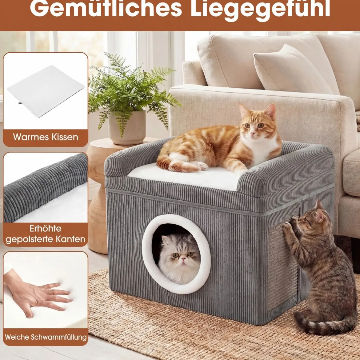 Faltbares Katzenhaus mit Sisal-Kratzmatte & Weiches Kissen & Erhöhten Kanten Katzenbett Grau