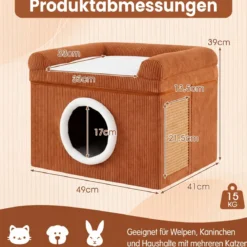 Faltbares Katzenhaus mit Sisal-Kratzmatte & Weiches Kissen & Erhöhten Kanten Katzenbett Braun