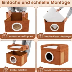 Faltbares Katzenhaus mit Sisal-Kratzmatte & Weiches Kissen & Erhöhten Kanten Katzenbett Braun