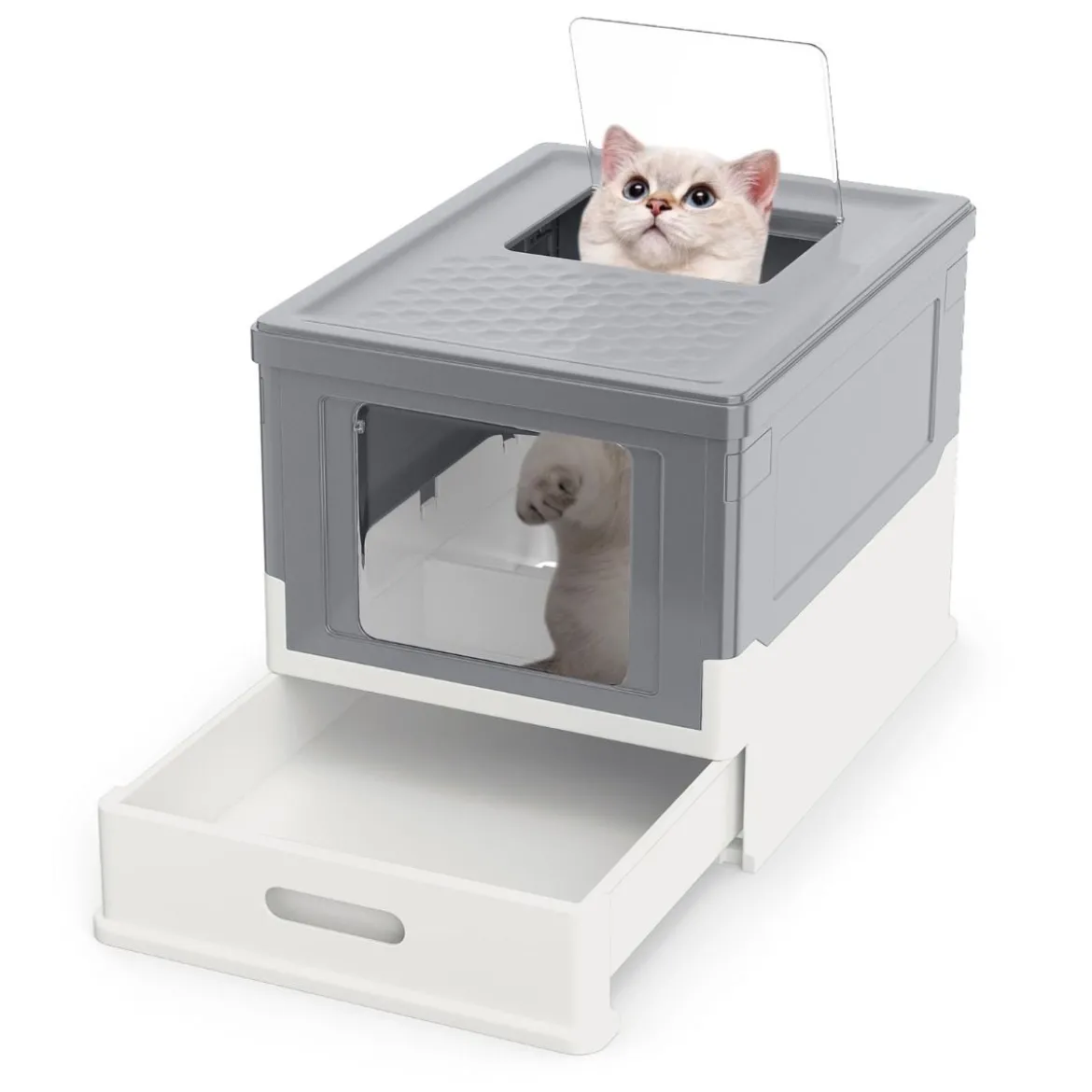 Faltbares Katzenklo mit Deckel & Ausziehbarem Tablett & Fronteinstieg Katzentoilette Grau