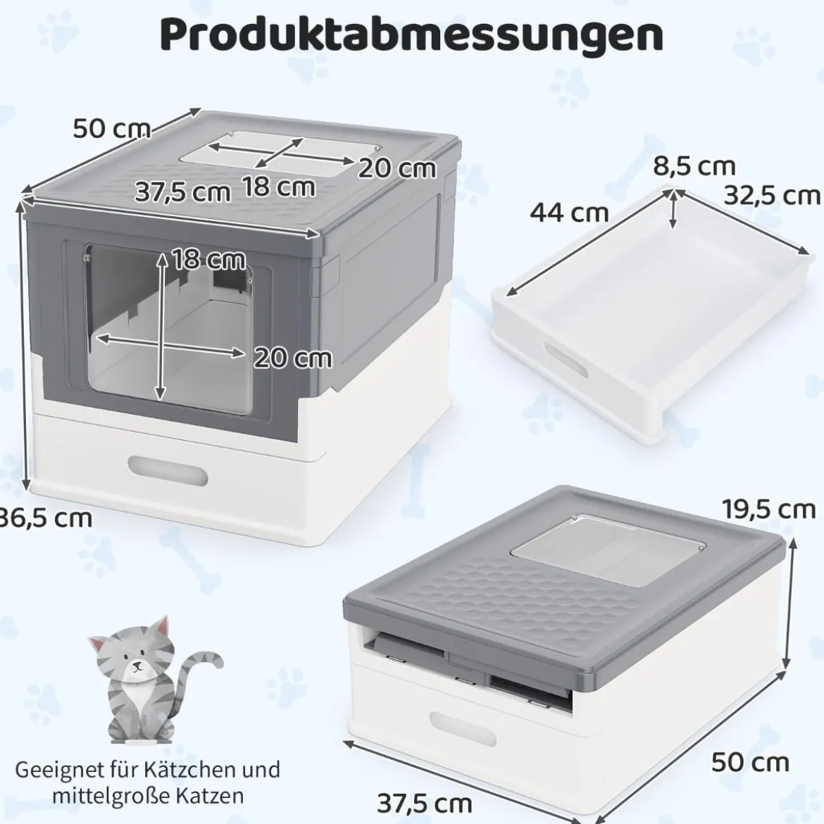 Faltbares Katzenklo mit Deckel & Ausziehbarem Tablett & Fronteinstieg Katzentoilette Grau