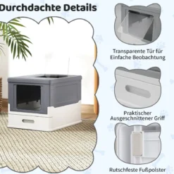 Faltbares Katzenklo mit Deckel & Ausziehbarem Tablett & Fronteinstieg Katzentoilette Grau