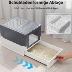 Faltbares Katzenklo mit Deckel & Ausziehbarem Tablett & Fronteinstieg Katzentoilette Grau
