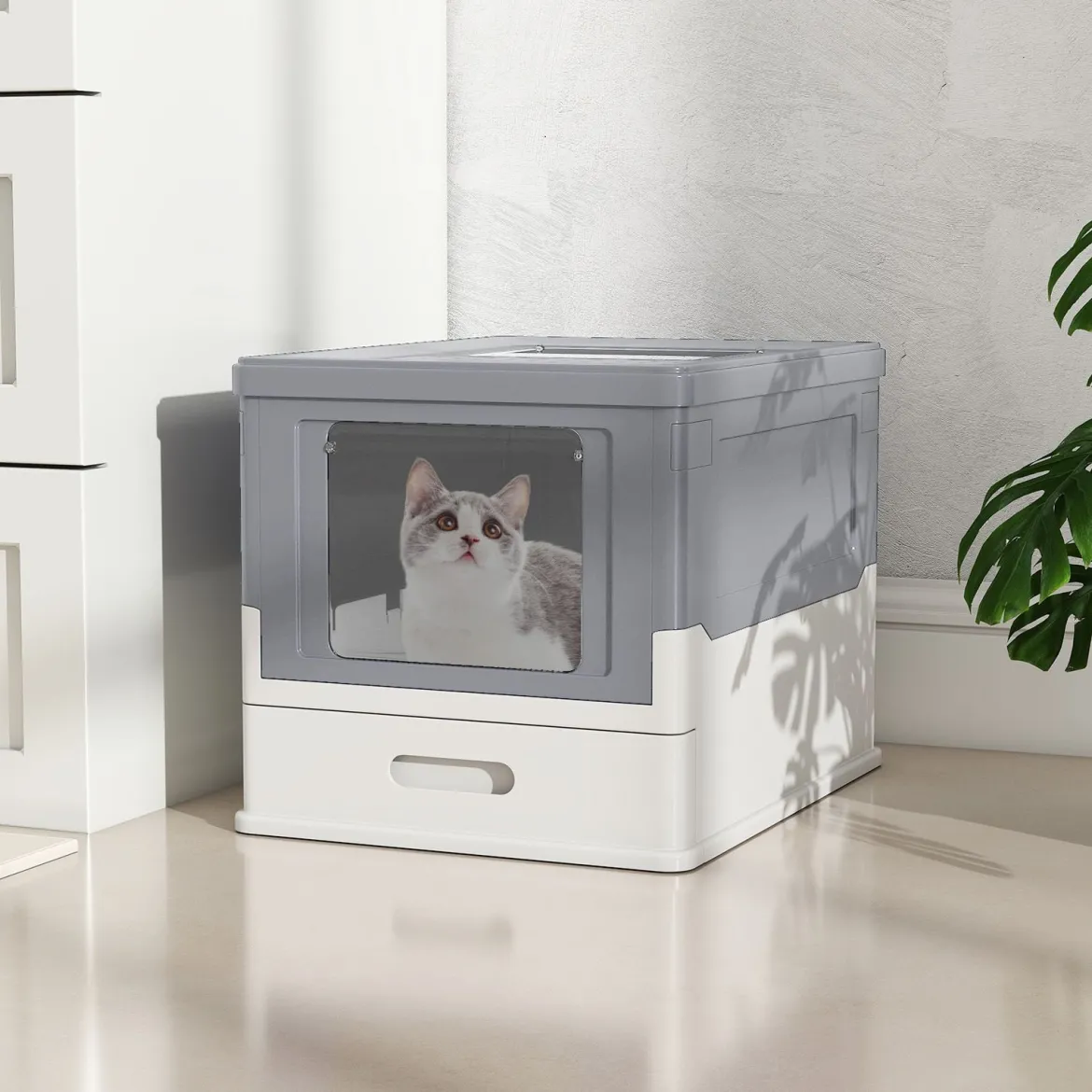 Faltbares Katzenklo mit Deckel & Ausziehbarem Tablett & Fronteinstieg Katzentoilette Grau