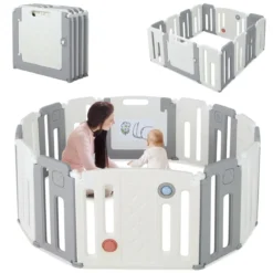 Faltbares Laufstall mit 14 Paneelen & Tür & Spielpaneel & Sicherheitsschloss & Whiteboard Weiß