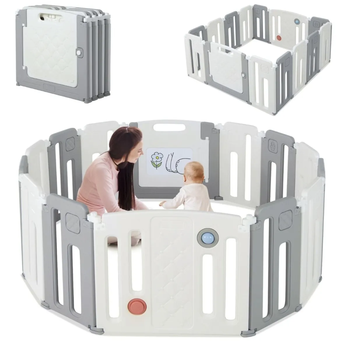 Faltbares Laufstall mit 14 Paneelen & Tür & Spielpaneel & Sicherheitsschloss & Whiteboard Weiß
