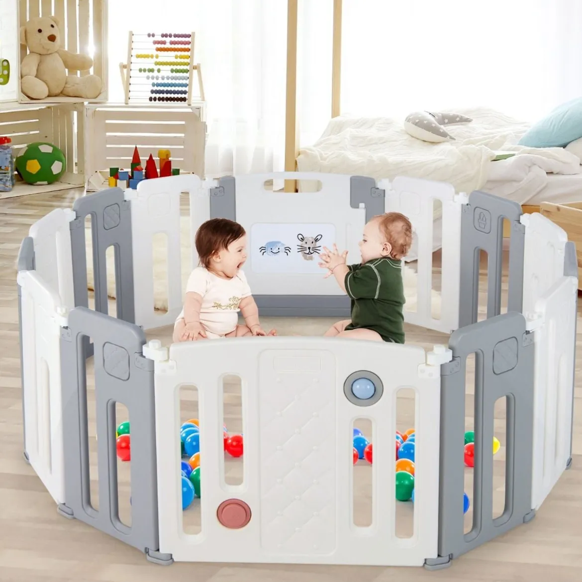 Faltbares Laufstall mit 14 Paneelen & Tür & Spielpaneel & Sicherheitsschloss & Whiteboard Weiß