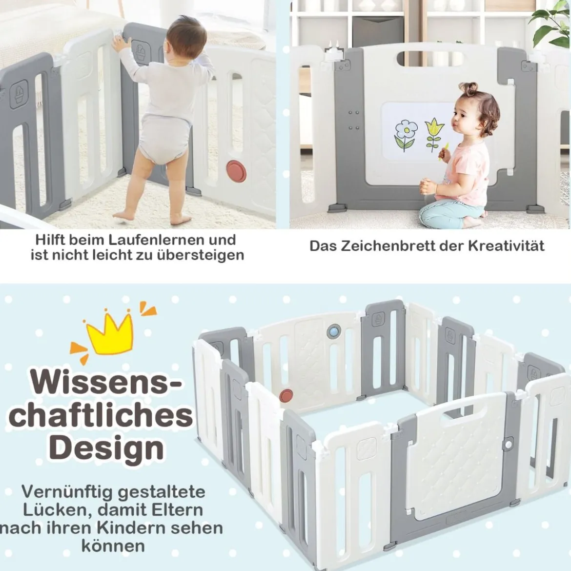 Faltbares Laufstall mit 14 Paneelen & Tür & Spielpaneel & Sicherheitsschloss & Whiteboard Weiß