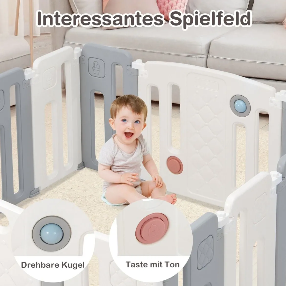 Faltbares Laufstall mit 14 Paneelen & Tür & Spielpaneel & Sicherheitsschloss & Whiteboard Weiß