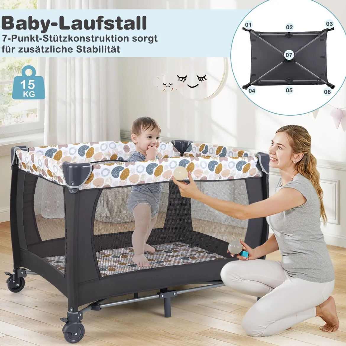 Faltbares Reisebett & Laufstall tragbares Babybett mit Babywiege Wickeltisch Spielbogen Musikbox Blau