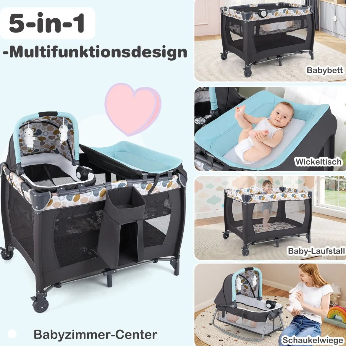 Faltbares Reisebett & Laufstall tragbares Babybett mit Babywiege Wickeltisch Spielbogen Musikbox Blau