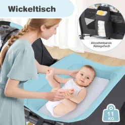 Faltbares Reisebett & Laufstall tragbares Babybett mit Babywiege Wickeltisch Spielbogen Musikbox Blau