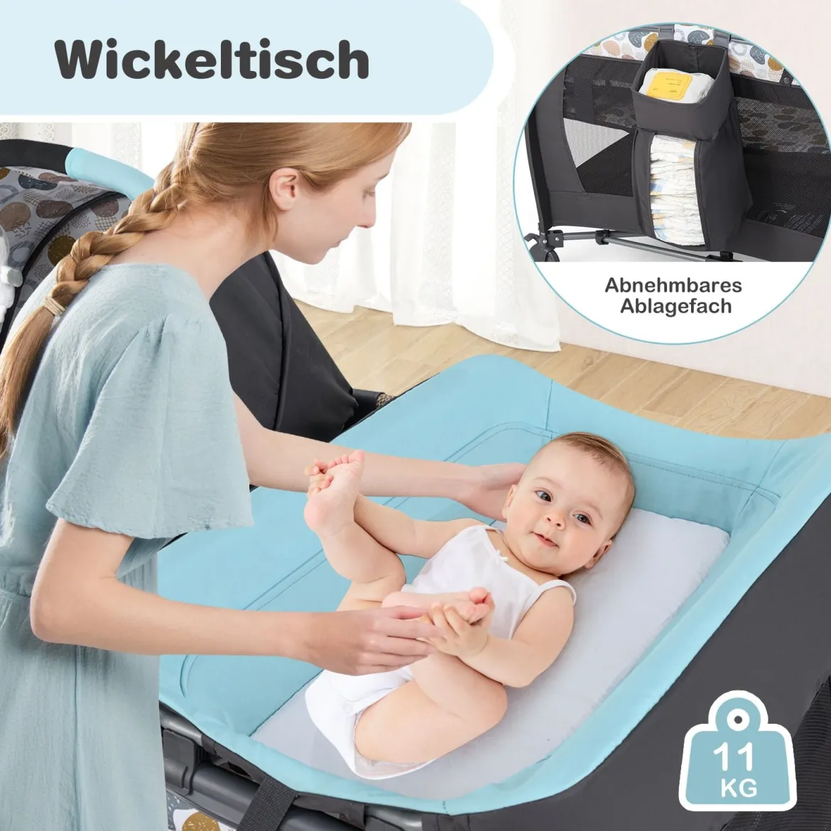 Faltbares Reisebett & Laufstall tragbares Babybett mit Babywiege Wickeltisch Spielbogen Musikbox Blau