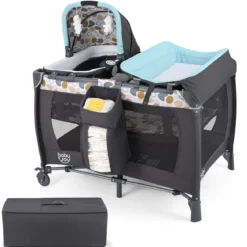 Faltbares Reisebett & Laufstall tragbares Babybett mit Babywiege Wickeltisch Spielbogen Musikbox Blau