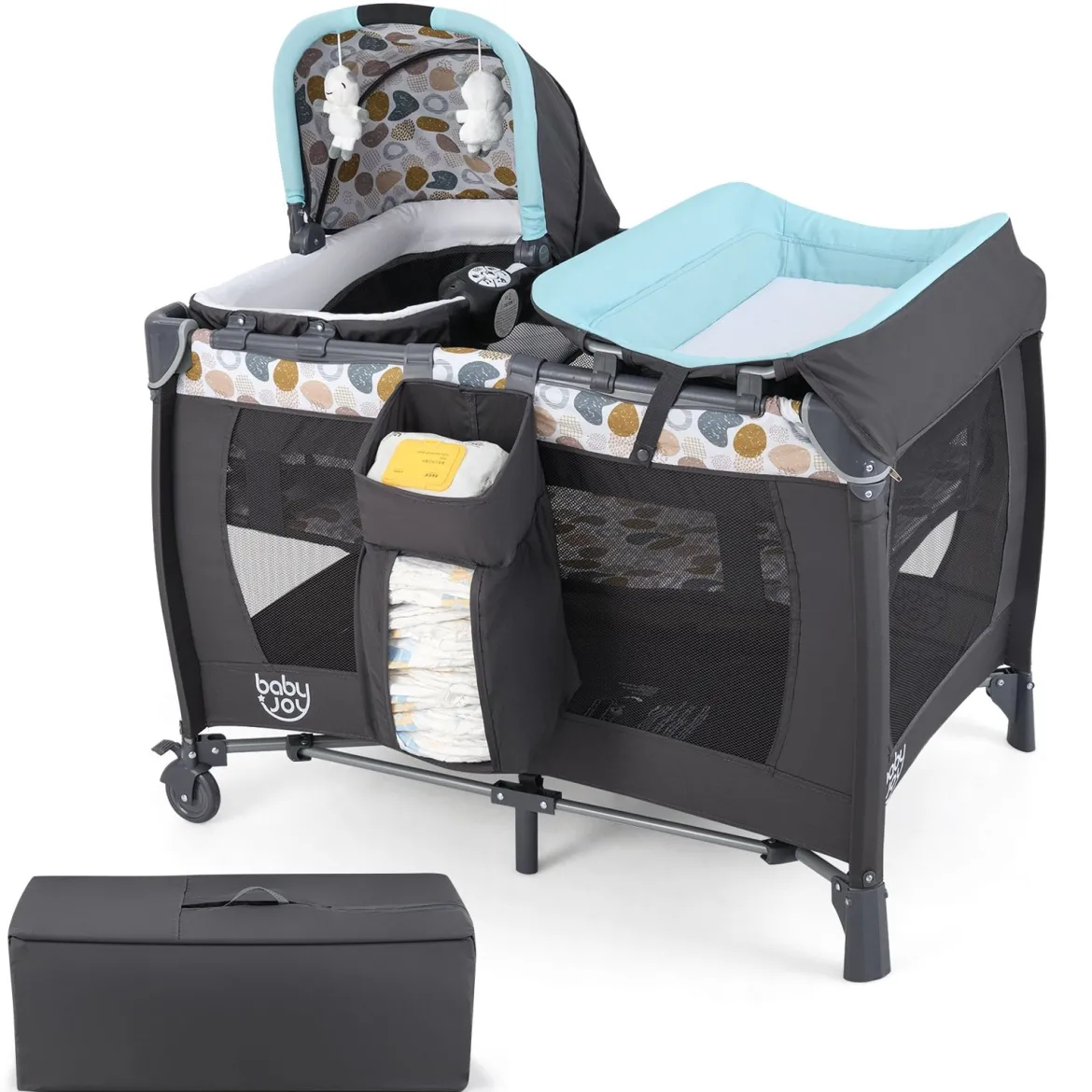 Faltbares Reisebett & Laufstall tragbares Babybett mit Babywiege Wickeltisch Spielbogen Musikbox Blau