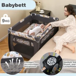 Faltbares Reisebett & Laufstall tragbares Babybett mit Babywiege Wickeltisch Spielbogen Musikbox Blau