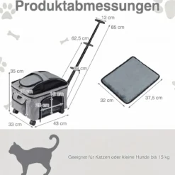 Faltbare Transportbox für Katze mit Tragegriff & Rollen bis zu 15 kg Tragbar 43 x 33 x 35 cm Schwarz