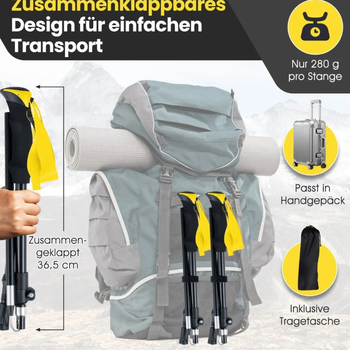 Faltbare Trekkingstöcke mit Schnellverschluss Wanderstöcke für 166-195 cm Körpergröße Gelb