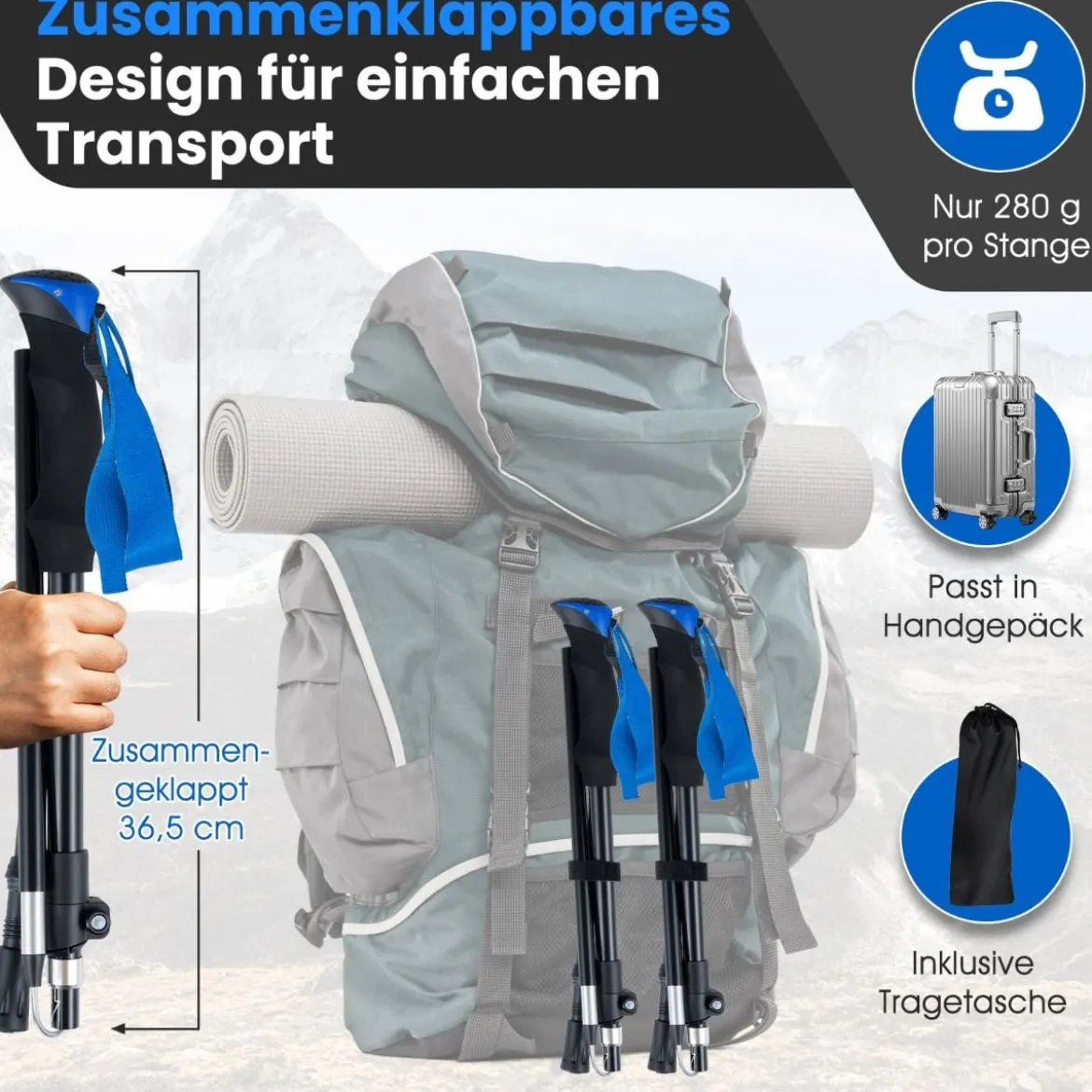 Faltbare Trekkingstöcke mit Schnellverschluss Wanderstöcke für 166-195 cm Körpergröße Blau